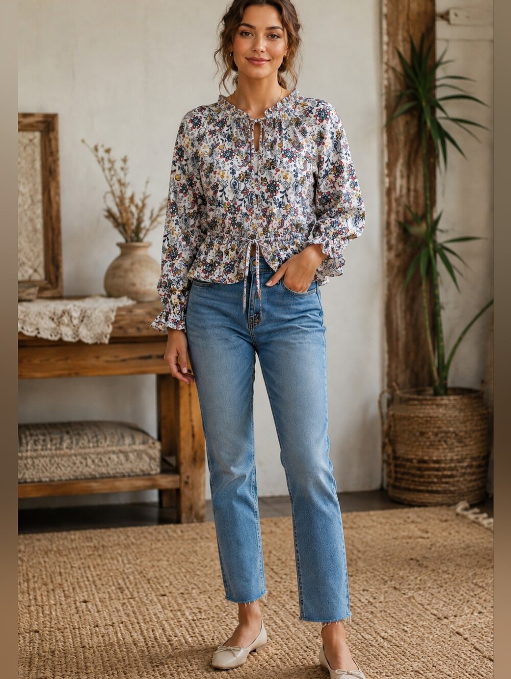 AND White Floral Tie-Front Peasant Blouse